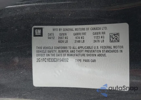 2012 Chevrolet Camaro 2Lt z USA, uszkodzony, nr VIN 2G1FC1E33C9194892